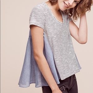Anthropologie Black and White Striped Tee with Blue Accent